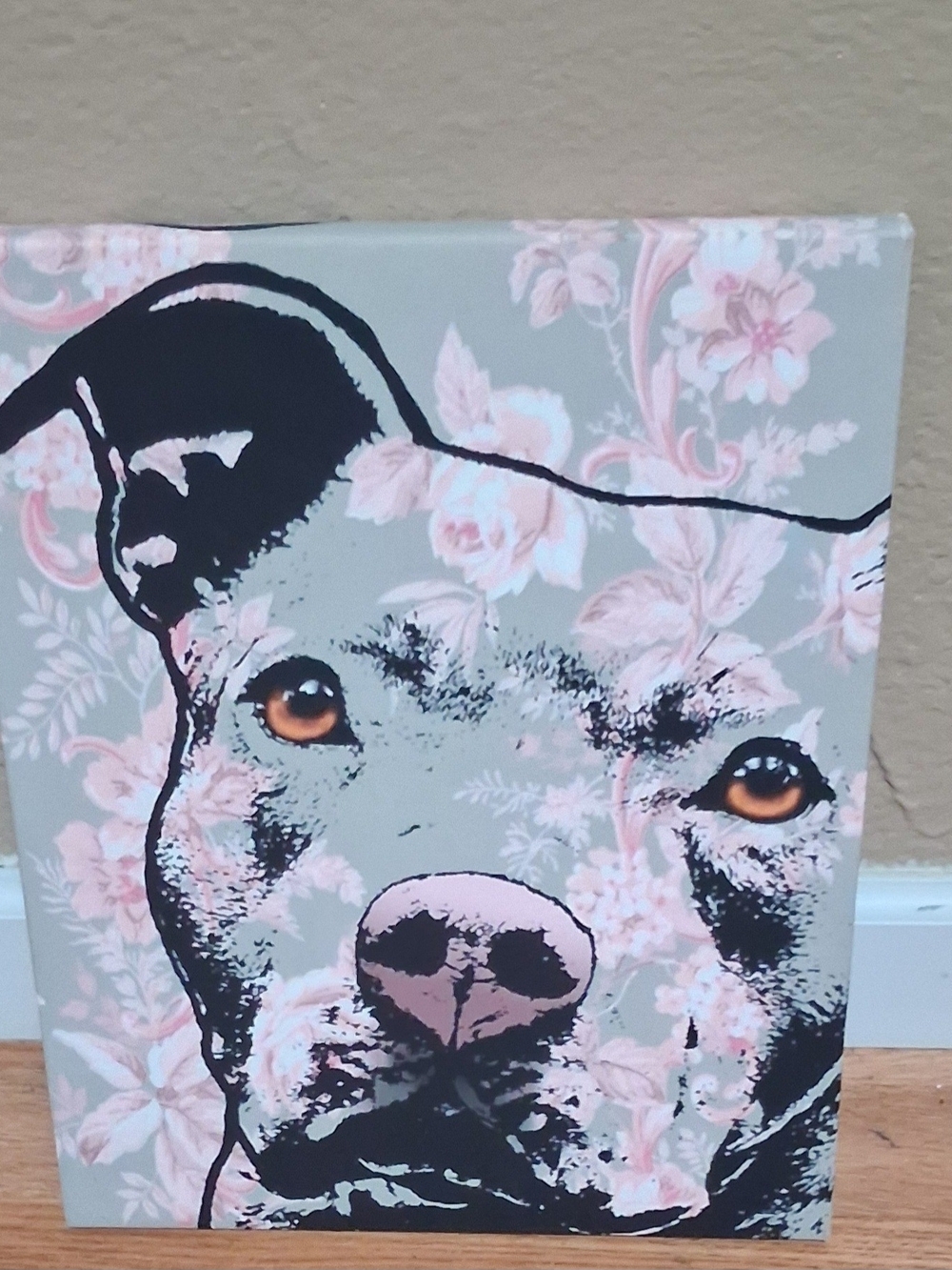 Floral Pit Bull Canvas Art in Soft Pink & Gray Framed
